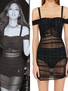 Danielle Guizio Rhinestone Lyzx Dress in Black Off Shoulder Sheer Going Out XS